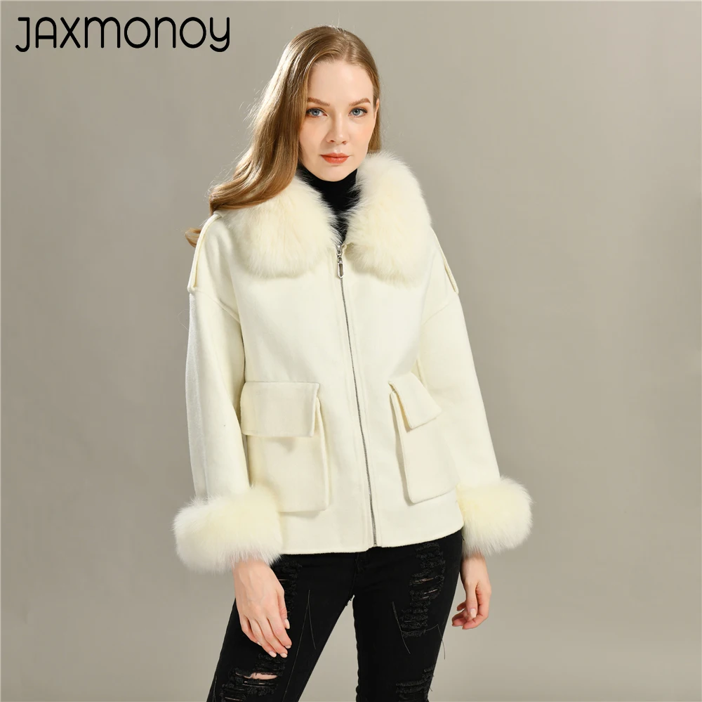 Jaxmonoy Women's Wool Coat with Real Fox Fur Collar Cuffs Ladies Cashmere Wool blend Jacket Spring Fall Double Face Wool Coats - Image 3