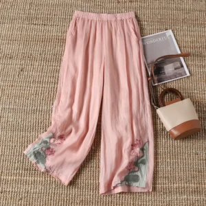 New Summer Chinese Style Loose Fit Embroidered Casual Pants Women's Vintage Bell Bottoms Fashionable Female Clothing