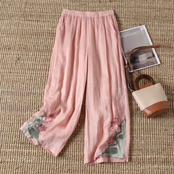 New Summer Chinese Style Loose Fit Embroidered Casual Pants Women's Vintage Bell Bottoms Fashionable Female Clothing