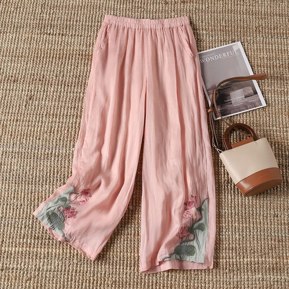 New Summer Chinese Style Loose Fit Embroidered Casual Pants Women's Vintage Bell Bottoms Fashionable Female Clothing