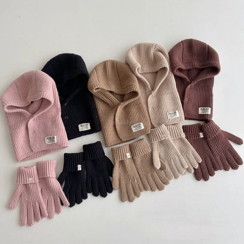 2PCS Korean Baby Hood Beanies with Mittens One Piece Scarf Cap Winter Warm Knitted Ear Protection Balaclava Headgear Gloves Sets - Image 3