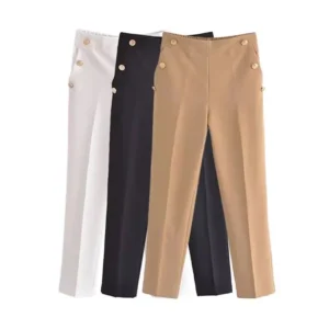 TRZA Women Fashion With Metallic Button Straight Pants Vintage High Waist Back Elastic Waistband Female Ankle Trousers Mujer