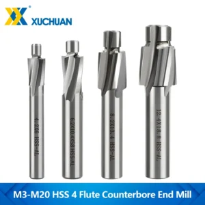 1-8Pcs Set HSS Counterbore End Mill M3-M20 Pilot Slotting Tool Cutter 4 Flute Countersink EndMill CNC Machine Milling Tool