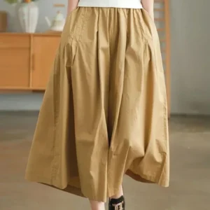Khaki Women's Pants 100% Pure Cotton Casual Loose Elastic Waist Skirt Pants 2025 Summer New Retro Black Wide Leg Pants Women