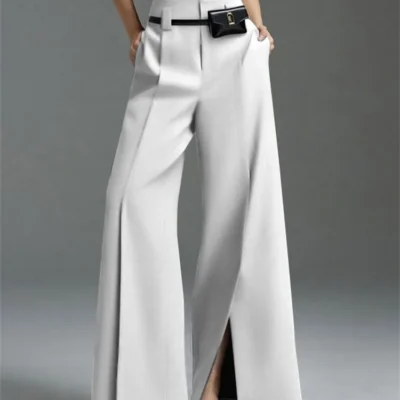 Yeezzi Urban Female Suit Pants 2025 New Fashion Black White Color Loose Straight Pant High-Waisted Pleated Split-Front Trousers
