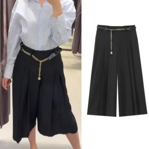 TFMLN Knee Length Pants For Women Side Zipper High Waist Wide Leg Shorts Spring Summer High Street Belt Trousers Black 2025