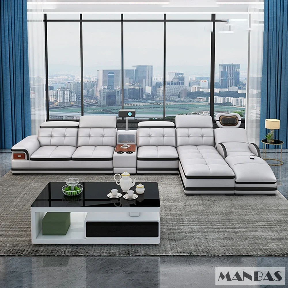 MANBAS Luxury Genuine Leather Sectional Sofa with Adjustable Headrests, Projector, Speaker and Storage for Living Room Couch - Image 4