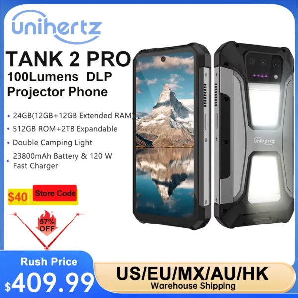 Unihertz-8849 Tank 2 PRO Rugged Smartphone with Projector, 23800mAh, 120W Charger, 24GB, 512GB, 100MP Android Phone,120Hz Screen