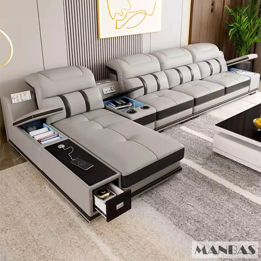 Modern Genuine Leather Sofa Living Room By MANBAS - Stylish Italian Couch with Bluetooth Speaker, USB & Adjustable Headrests - Image 2