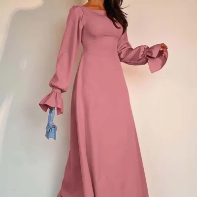 Oymimi Casual Pink O-Neck Dresses For Women Elegant Long Sleeve High Waisted Dresses Fashion Lace-Up Ankle-Length Dress Female