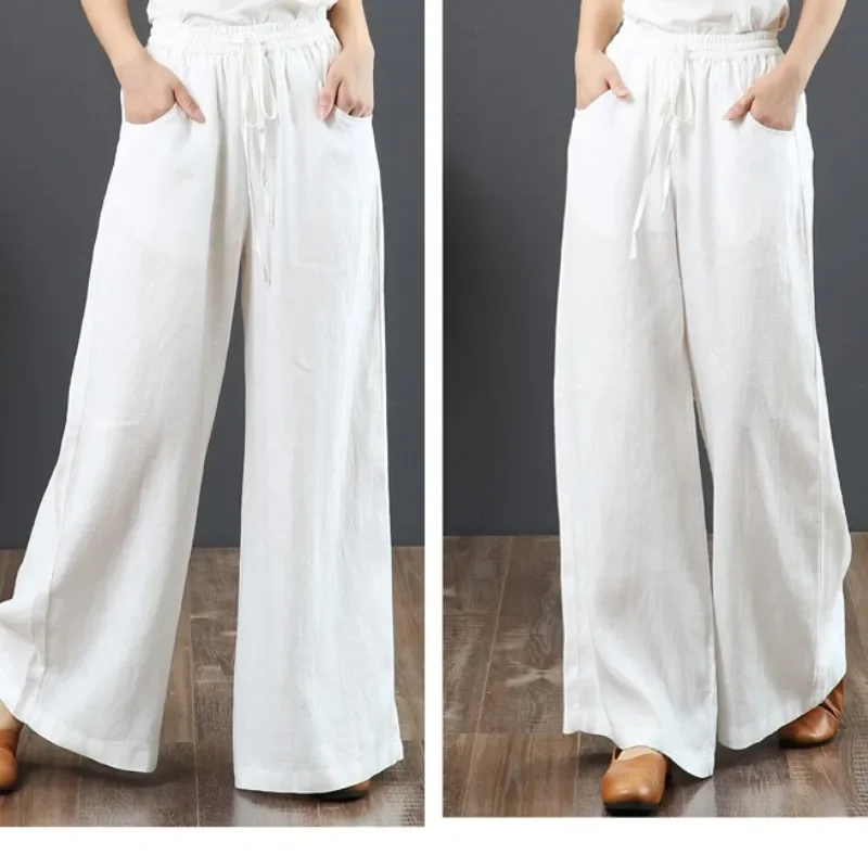 Straight Leg Pants Casual Straight Pants Summer Cotton Linen Wide Leg Pants for Women High Waist Trouses Long with Pockets