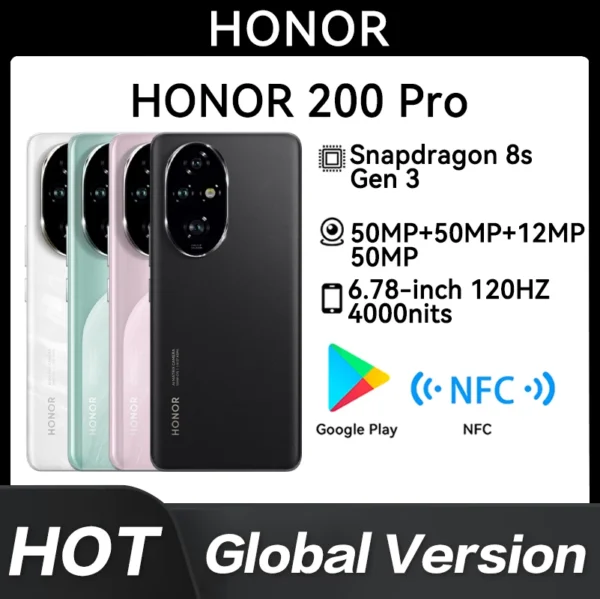 New Original Global Version Honor 200 Pro Snapdragon 8s Gen 3 6.78" 120Hz AMOLED 5200mAh 100W SuperCharge NFC HONOR