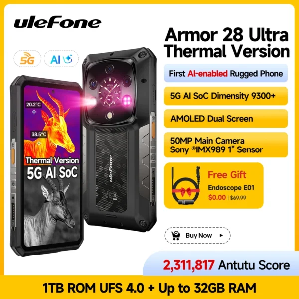 Ulefone Armor 28 Ultra Thermal Imaging 5G AI Rugged Phone 1TB ROM+32GB RAM Smartphone Android AMOLED 6.67" Dimensity 9300+ 120W