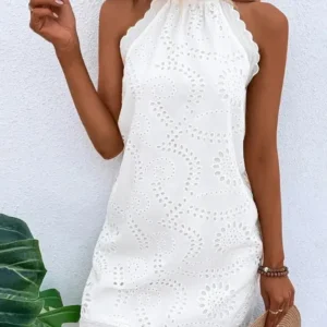 Elegant Dresses for Women Sexy Scallop Trim Eyelet Embroidery Casual Mini Dress New Fashion 2023 Summer Female Clothing Outfits