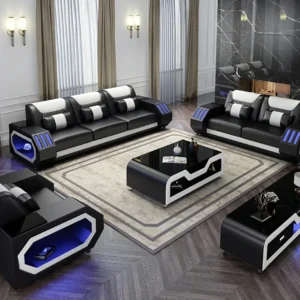MANBAS Leather Sofa Set with LED Light Living Room Furniture Couch Sofas Modernos Para Sala Grandes Sofás with USB Charging,Tabl
