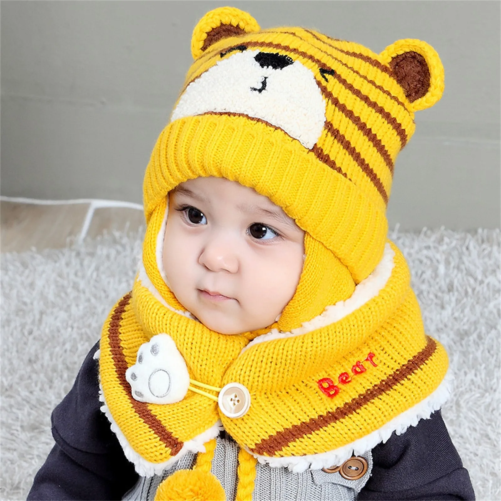 Hat And Mitten Set Girls Baby Boy Girl Winter Hat Toddler Bear Ear Cap Hat With Scarf Fleece Lined Knitted Kid Apparel