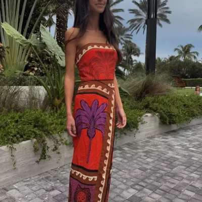 TRAFZA 2024 Summer New Women's Satin Patchwork Print Dress Chic Sleeveless Backless Strapless Women's Resort Style Zipper Dress
