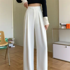 New 2024 White High Waist Suit Wide Leg Women's Full Pants White Spring Summer Female Elegant Minimalism Straight Loose Trousers