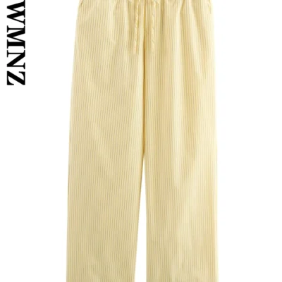 XNWMNZ 2025 Spring Women Clothing Vintage Bottoms Wide Leg Pants Elegant Autumn Woman's Long Pants Ruffles High Waist Striped
