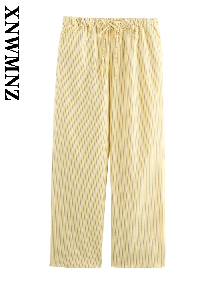 XNWMNZ 2025 Spring Women Clothing Vintage Bottoms Wide Leg Pants Elegant Autumn Woman's Long Pants Ruffles High Waist Striped