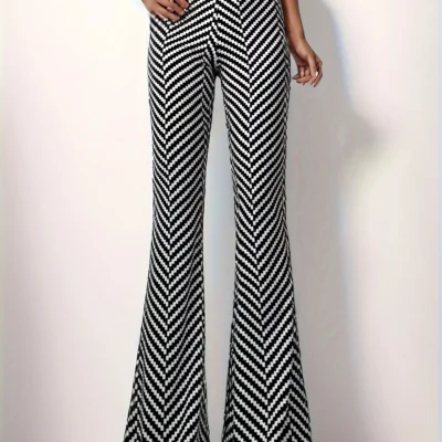 Women's High Waist Flared Yoga Pants Houndstooth Pattern Stretchy Wide Leg Palazzo Trousers Athletic Sportswear