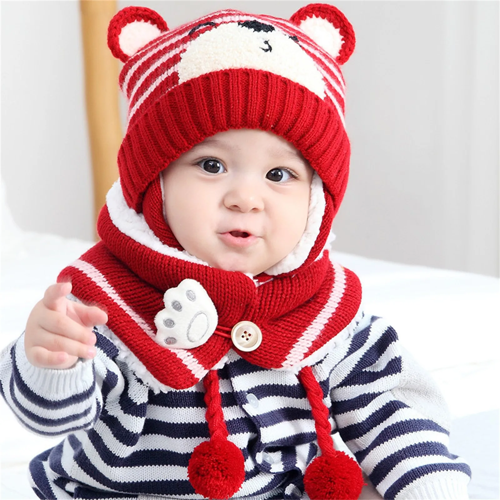 Hat And Mitten Set Girls Baby Boy Girl Winter Hat Toddler Bear Ear Cap Hat With Scarf Fleece Lined Knitted Kid Apparel - Image 3