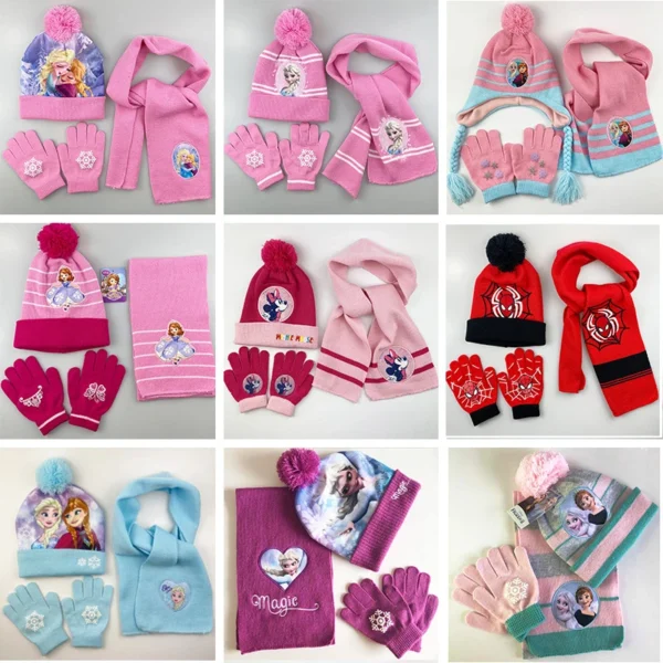3Pcs/set Anime Disney Frozen Knitted Hat Wool Scarf Gloves Suit Warm Hats Kawaii Cartoon Princess Elsa Anna Minnie Fashion Cap