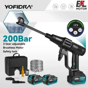Yofidra 200Bar Brushless High Pressure Car Washer Gun 6 IN 1 Electric Garden Washing Water Wash Spray Gun for 21V 18V Battery