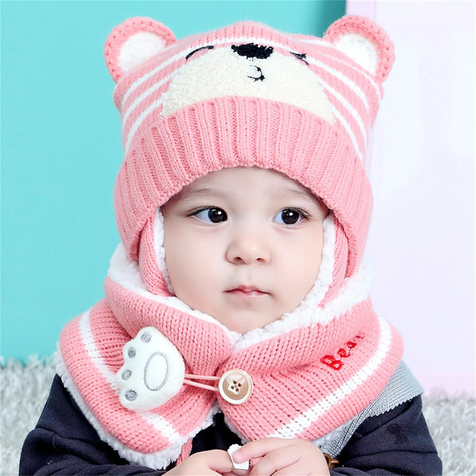 Hat And Mitten Set Girls Baby Boy Girl Winter Hat Toddler Bear Ear Cap Hat With Scarf Fleece Lined Knitted Kid Apparel - Image 2