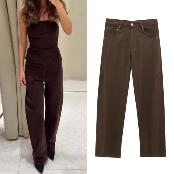 TRAF Women's Jeans Brown High Waist Pocket Vintage Baggy Jeans Woman Long Casual Pants Spring Trousers Streetwear Summer 2025