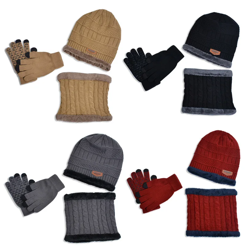 Winter Kids Knitted Hat Scarf Gloves Plush Lining Warm Children Beanie Hats Set Non Slip Gloves Neck Warmer 4Pcs Kids Cap 4-10Y