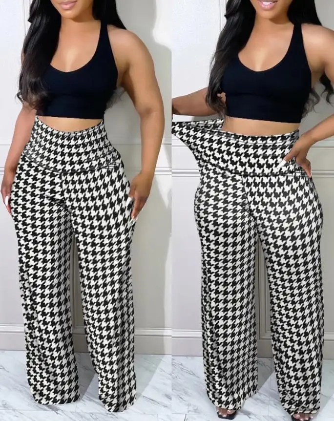 Women Casual Commuters 2024 Spring Summer Latest Comfortable Elegant Plaid Print High Waist Pants Daily Work Urban Fashion Pants