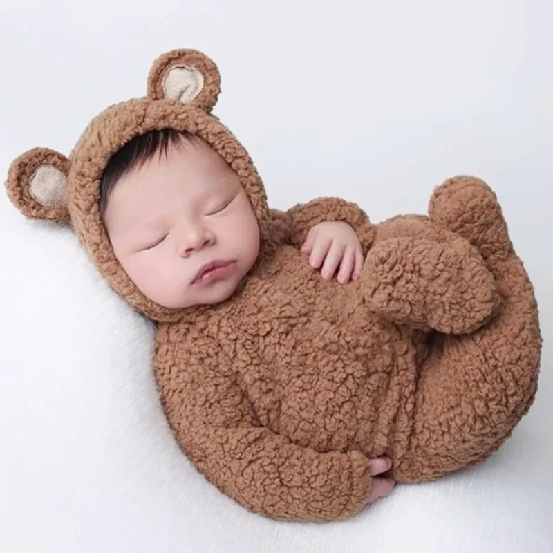 Newborn Photography Props Baby Bear Bonnet Clothes Plush Bear Jumpsuit Baby Hat 1 Set For Full Moon Baby Photo Props