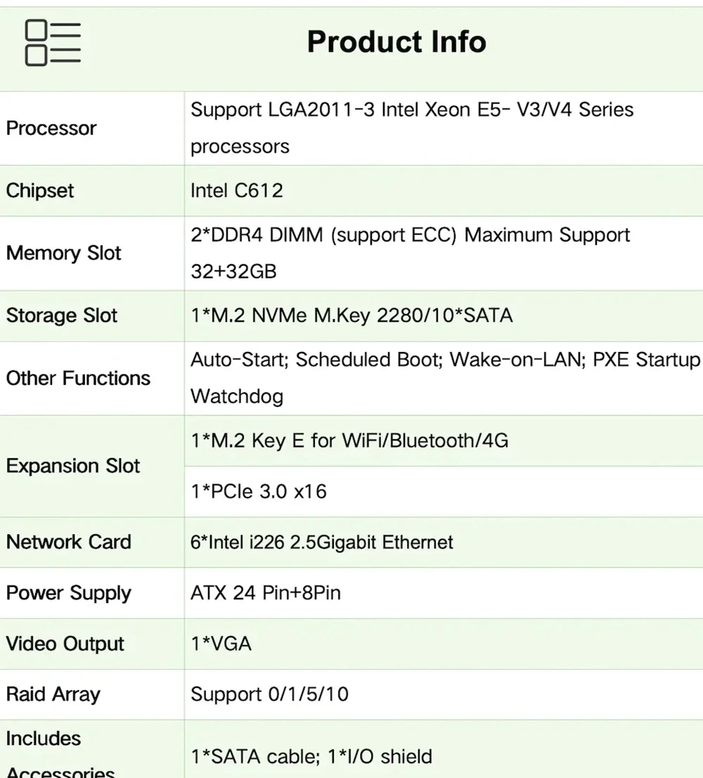 X99 Nas Motherboard C612 NAS Board with 10 SATA To 10 SATA Cable 1M LGA2011-3 for NAS Router Sever 6x2.5GbE I226 With E5 2640V4 - Image 5