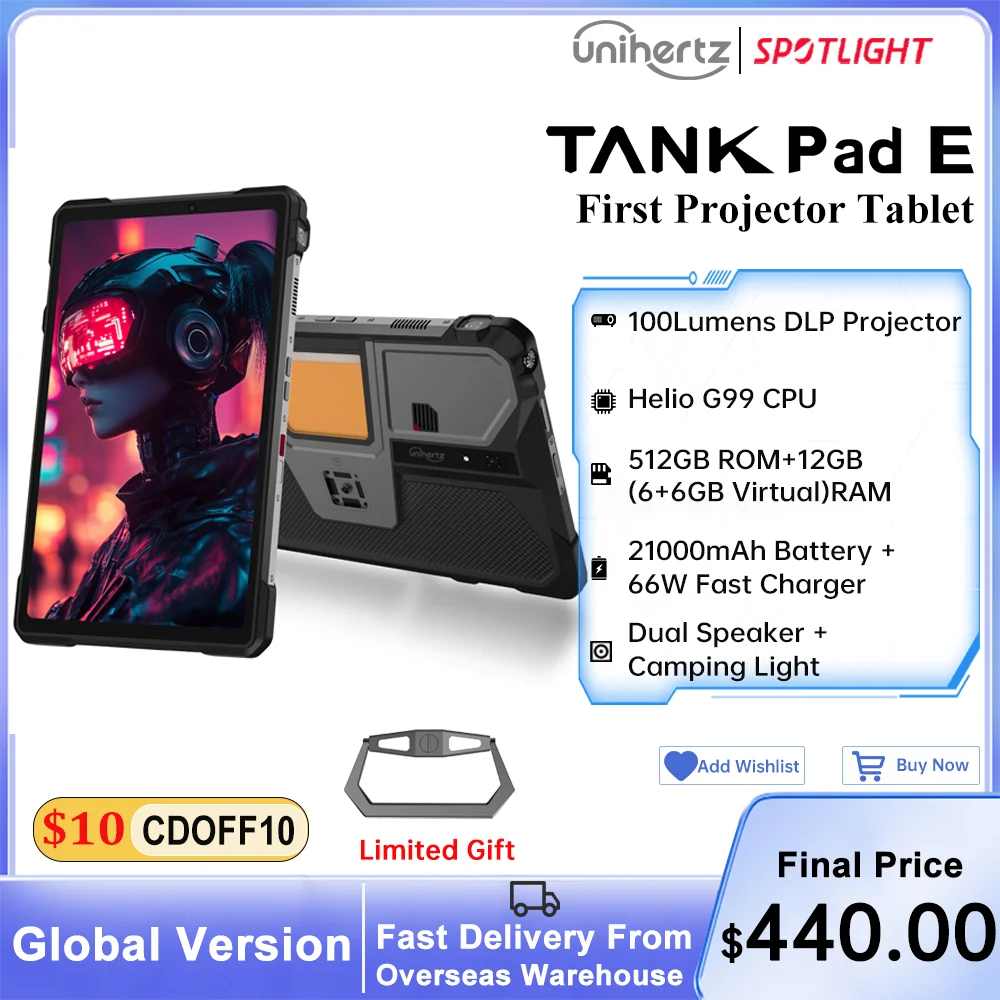 Unihertz 8849 TANK PAD E Rugged Tablet with Projector Android 21000mAh 120Hz 50MP Camera 24GB 512GB 66W 10.95 inch Phone Tablet