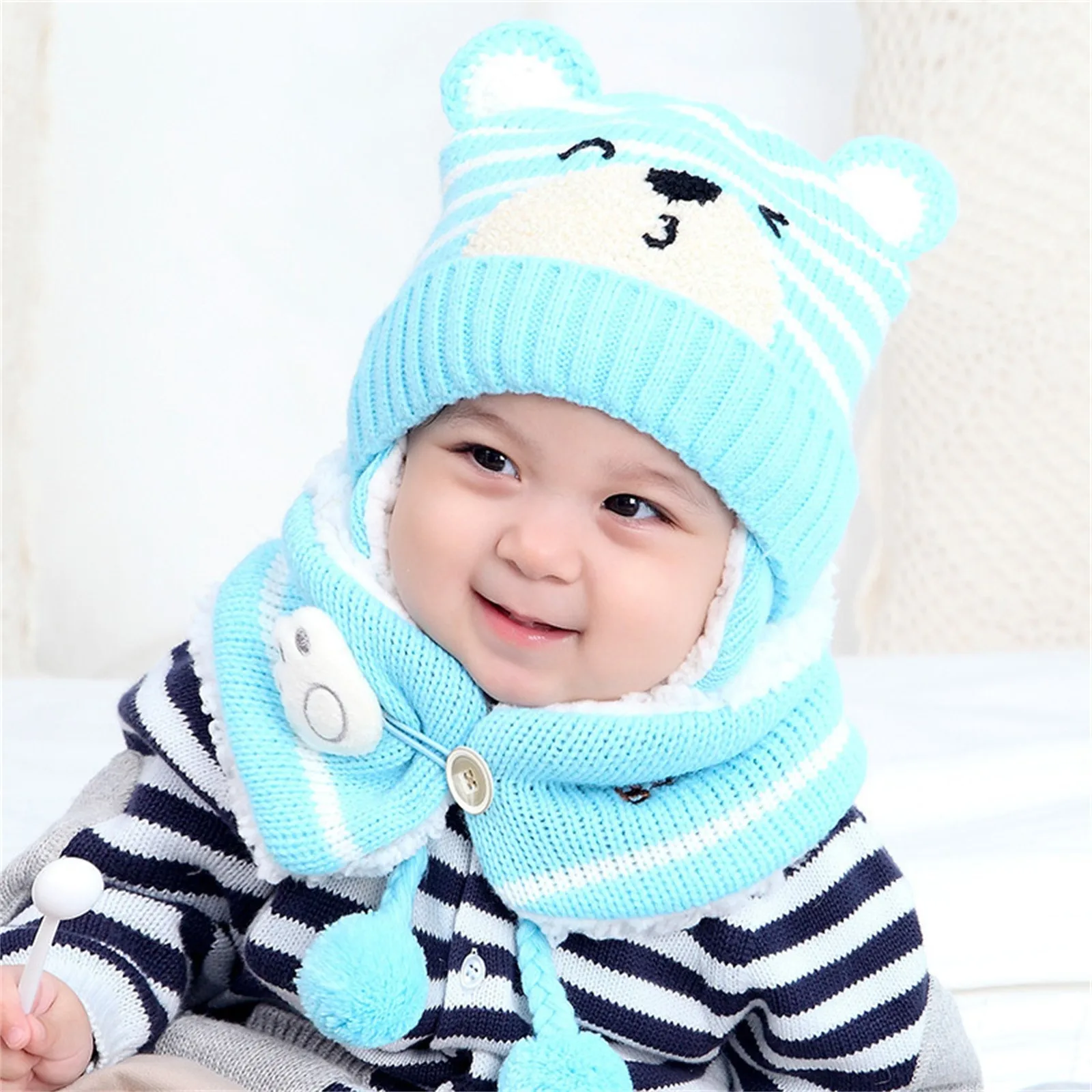 Hat And Mitten Set Girls Baby Boy Girl Winter Hat Toddler Bear Ear Cap Hat With Scarf Fleece Lined Knitted Kid Apparel - Image 5