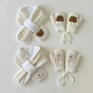 Winter Kids Scarf Gloves Set Fleece Lining Mittens Cartoon Bear Bunny Baby Girls Scarves Boys Neck Warmer Accessories 2-5Y
