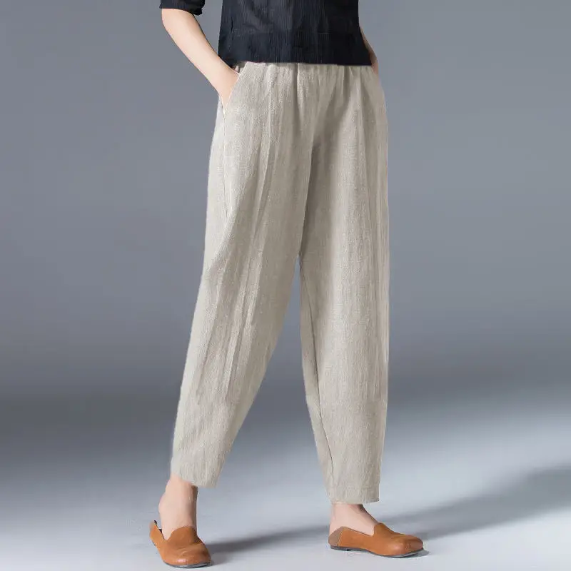 Cotton Wide Leg Pants Female Loose Oversized Solid Color Harem Summer Casual Elastic Waist Ankle-length Pants Women Clothing - Image 3