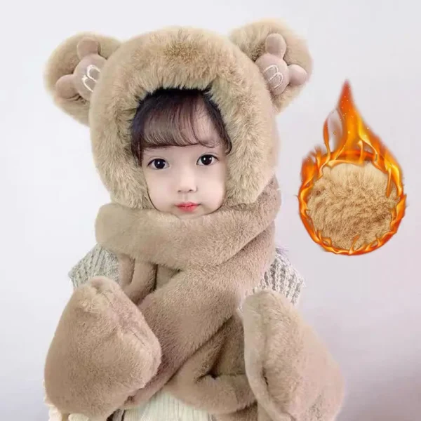 Gift Thick Hats Scarf Gloves Set With Long Scarf Fluffy Winter Plush Hooded Cute Bear Warm Ear Protection Cap Toddler
