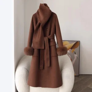 Fashion Knitted Cashmere Fur Collar Wool Coat Winter Coats for Ladies Women Long Wool Coat