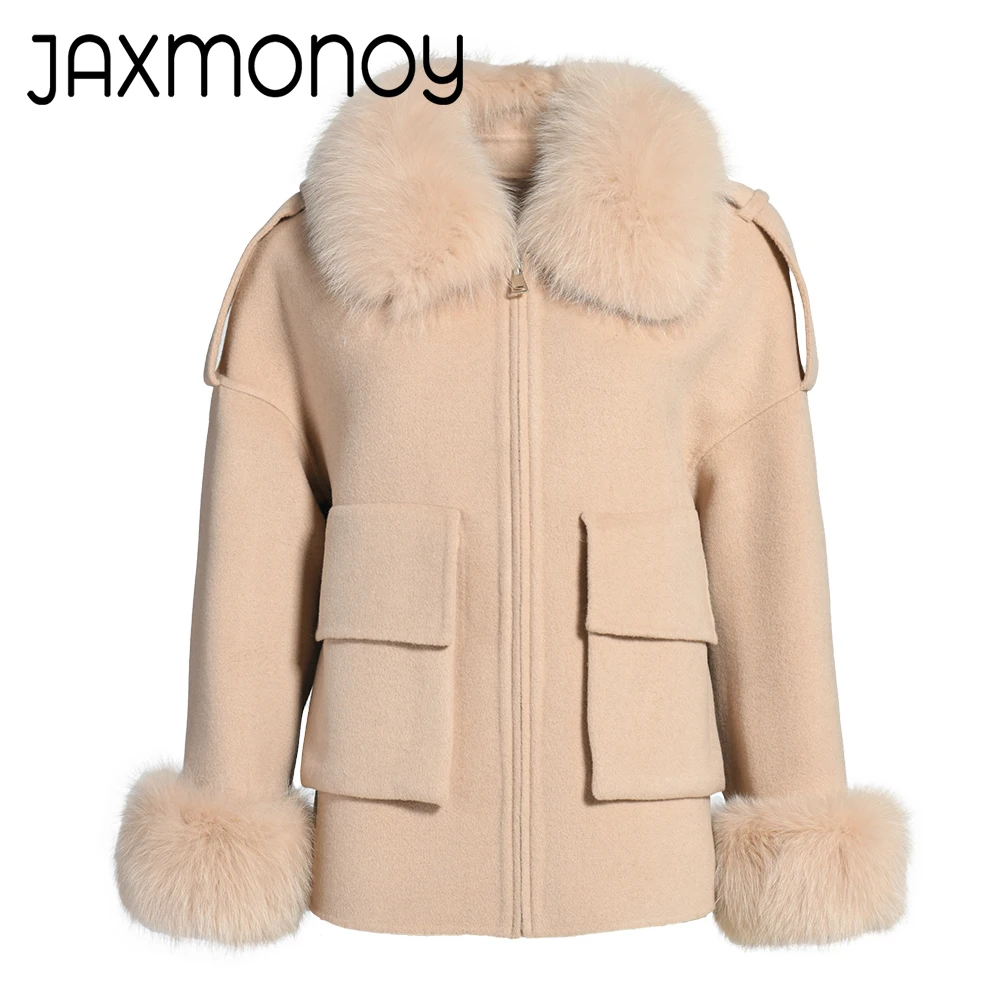 Jaxmonoy Women's Wool Coat with Real Fox Fur Collar Cuffs Ladies Cashmere Wool blend Jacket Spring Fall Double Face Wool Coats - Image 2
