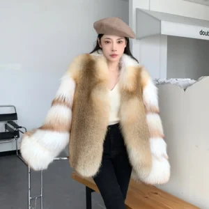 Denny&Dora Women's Fox Fur Coat Winter Coat Short Real Fox Fur Coat