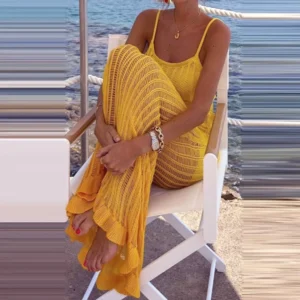 2025 Solid Maxi U Collar Beach One Piece Party Dress Latest Women Full Yellow Long Dress Ladies See Through Knitted Sling Dress