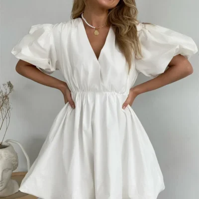 Tossy Fashion V-Neck Summer Mini Dress Women's High Waist Pleated Patchwork Elegant Dress Slim Female Short Sleeve Mini Dress