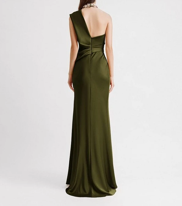 Women's Urban Style Dress 2025 Autumn winter Latest Solid Color Slant Neck Single Sleeve Waist Tight Fit Maxi Dress Long Skirt - Image 3