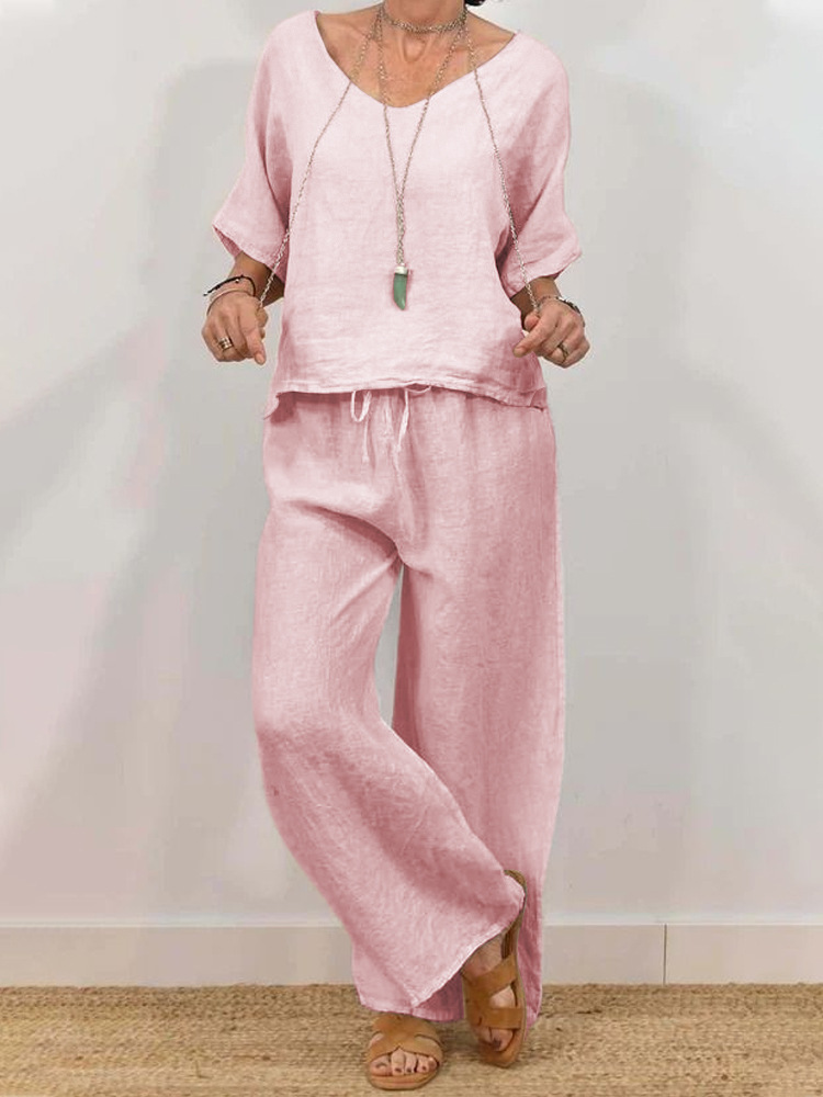 Womens Multi-Color Two-Piece Set Casual V-Neck Pullover With Three-Quarter Sleeves And Extended Pants - Image 7