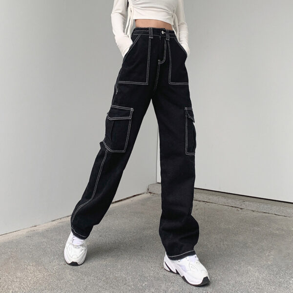 Retro Topstitched Big Pocket Black Straight High-rise Jeans
