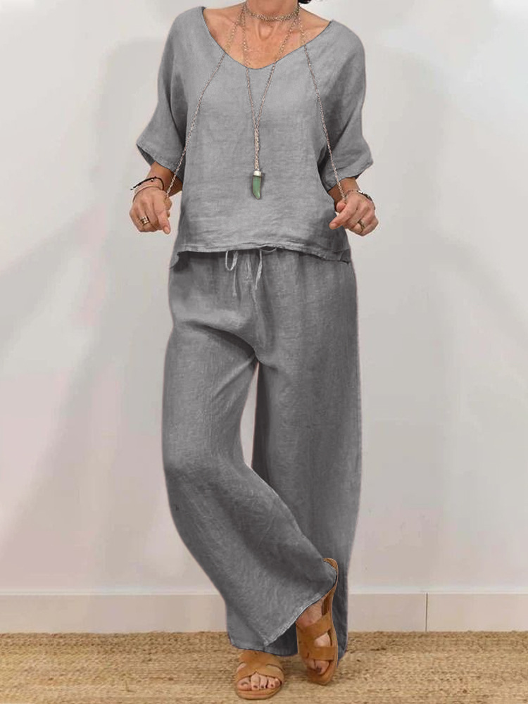 Womens Multi-Color Two-Piece Set Casual V-Neck Pullover With Three-Quarter Sleeves And Extended Pants - Image 10