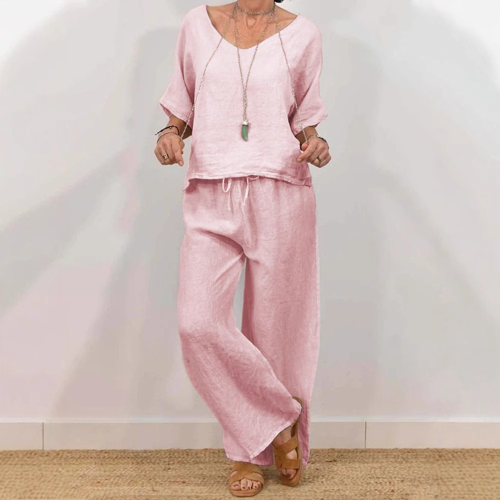 Womens Multi-Color Two-Piece Set Casual V-Neck Pullover With Three-Quarter Sleeves And Extended Pants - Image 2