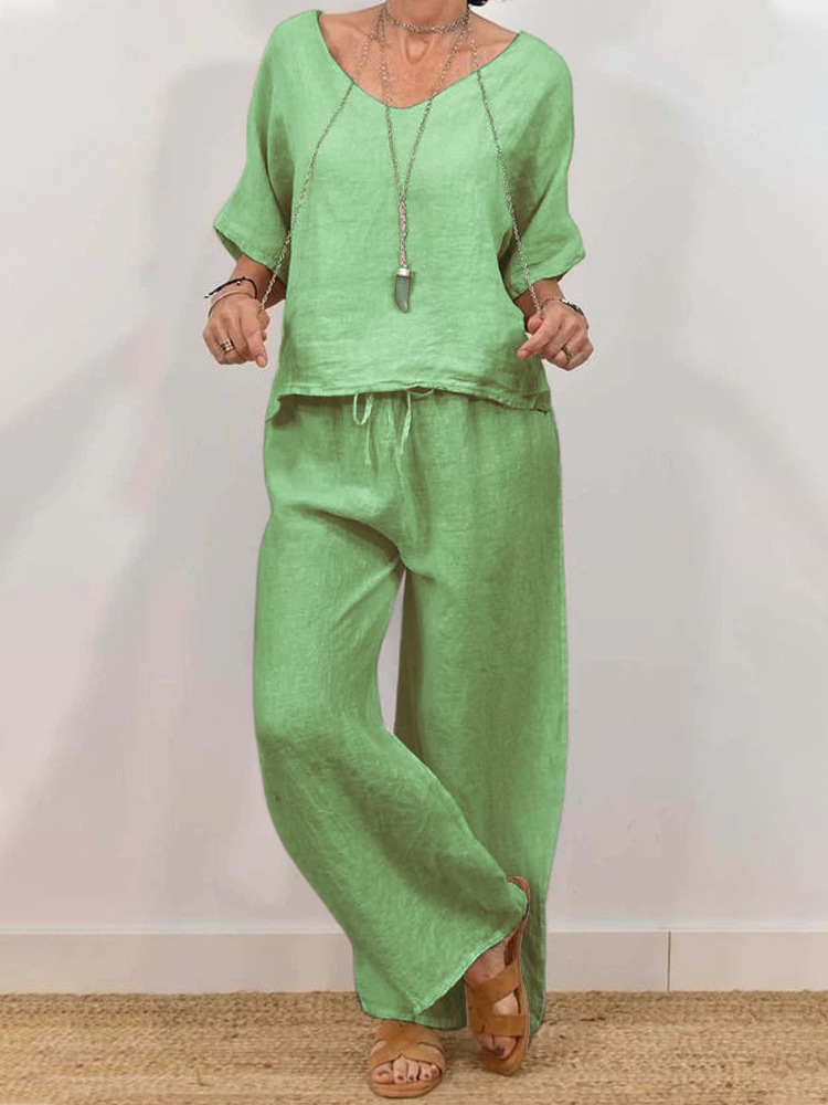 Womens Multi-Color Two-Piece Set Casual V-Neck Pullover With Three-Quarter Sleeves And Extended Pants - Image 9